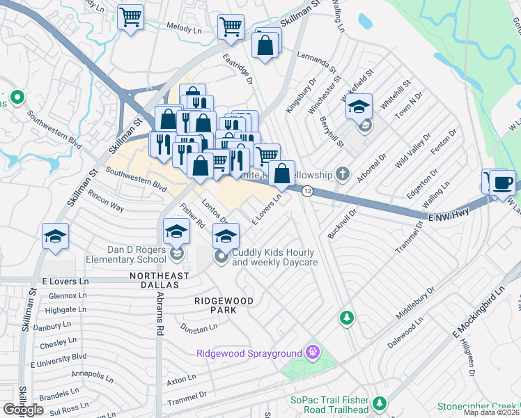 map of restaurants, bars, coffee shops, grocery stores, and more near 6619 East Lovers Lane in Dallas