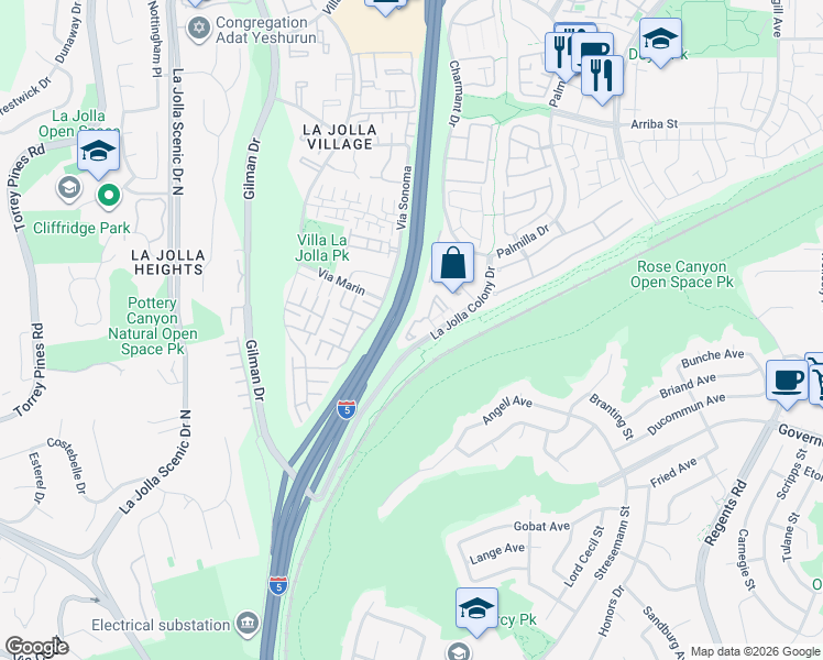 map of restaurants, bars, coffee shops, grocery stores, and more near 4085 Rosenda Court in San Diego