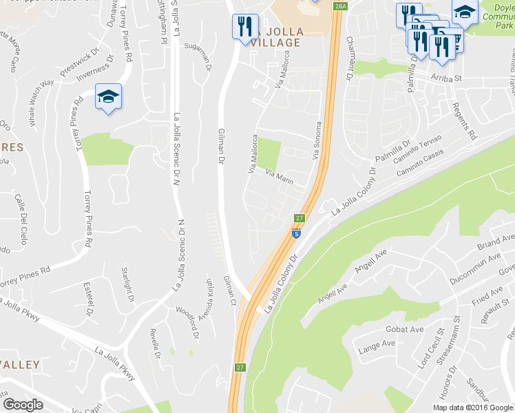 map of restaurants, bars, coffee shops, grocery stores, and more near 8009 Caminito Gianna in San Diego