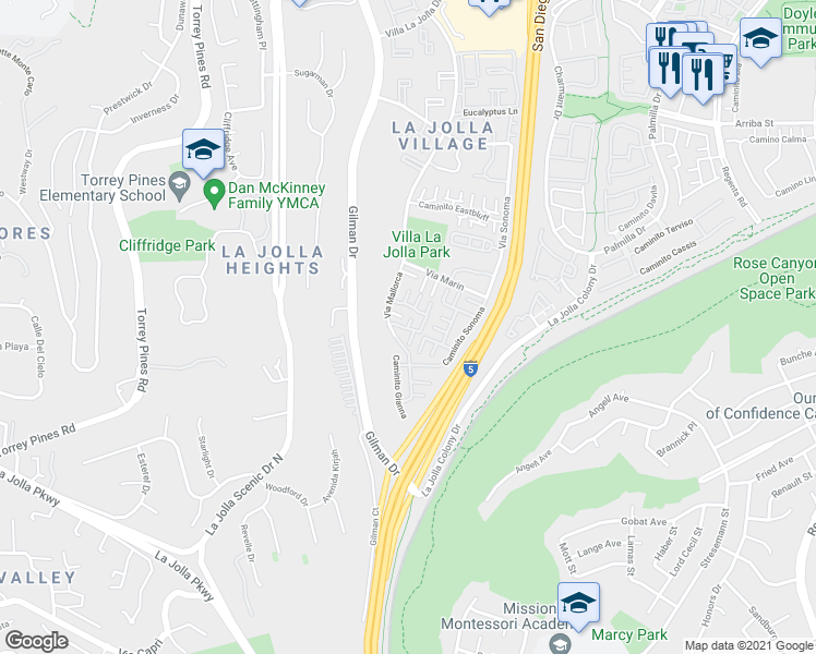 map of restaurants, bars, coffee shops, grocery stores, and more near 8009 Caminito Gianna in San Diego