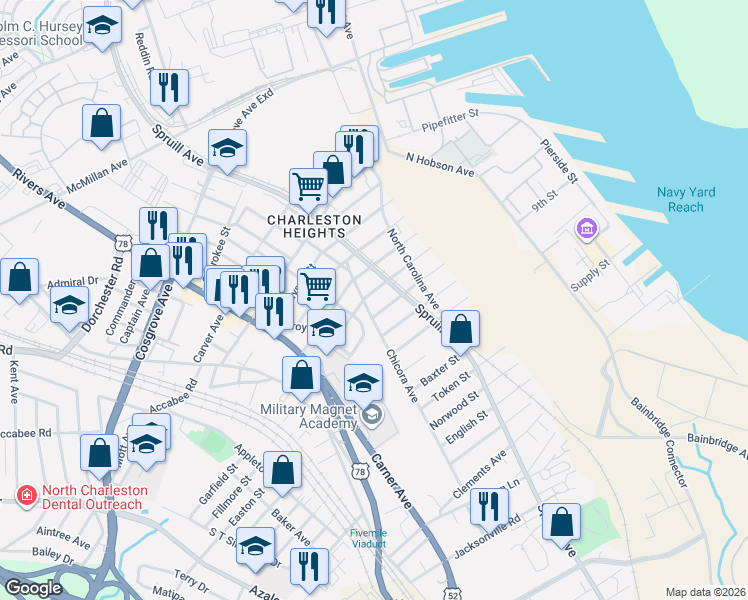 map of restaurants, bars, coffee shops, grocery stores, and more near 1912 1/2 Orvid Street in Charleston