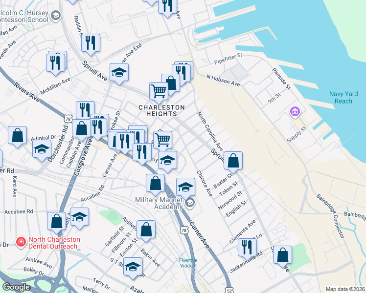 map of restaurants, bars, coffee shops, grocery stores, and more near 1919 Success Street in North Charleston