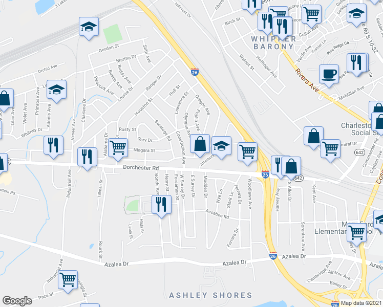 map of restaurants, bars, coffee shops, grocery stores, and more near 2601 Ranger Drive in North Charleston