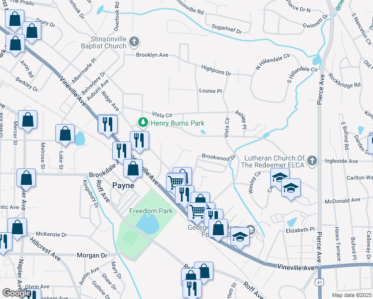 map of restaurants, bars, coffee shops, grocery stores, and more near 221 Ridgewood Avenue in Macon