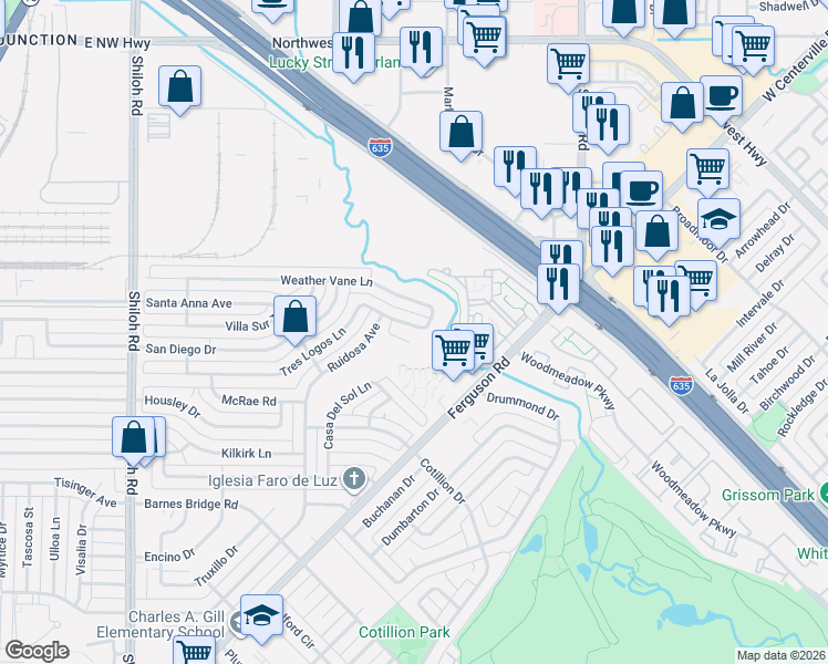 map of restaurants, bars, coffee shops, grocery stores, and more near 3242 Tres Logos Lane in Dallas