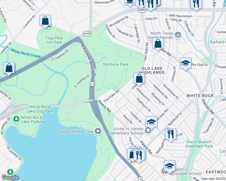 map of restaurants, bars, coffee shops, grocery stores, and more near 9747 Van Dyke Road in Dallas