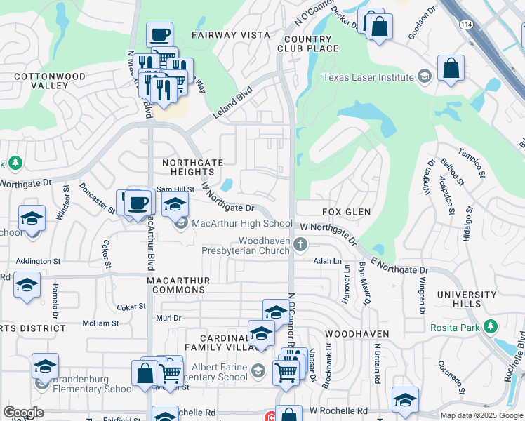 map of restaurants, bars, coffee shops, grocery stores, and more near 500 West Northgate Drive in Irving