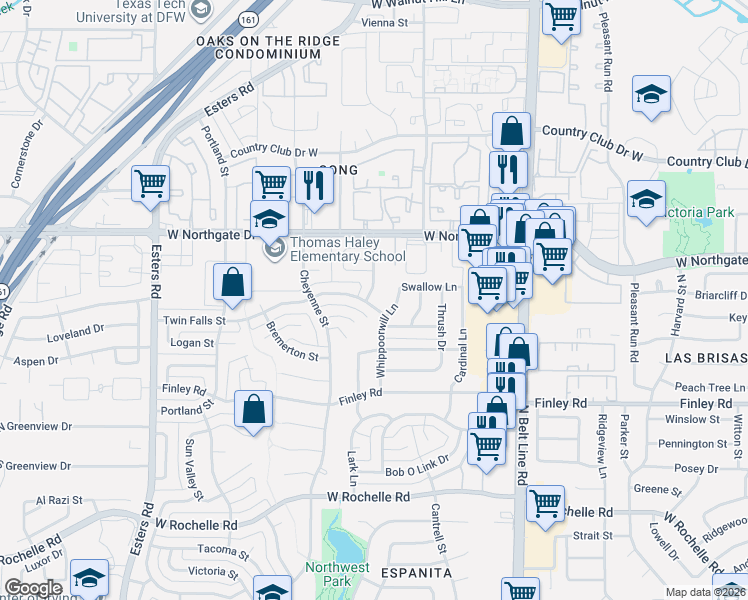 map of restaurants, bars, coffee shops, grocery stores, and more near 3806 Twin Falls Street in Irving