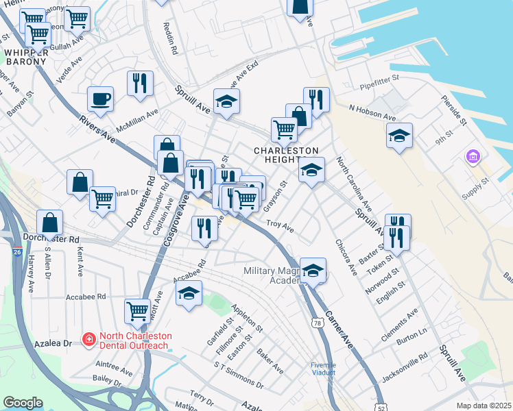 map of restaurants, bars, coffee shops, grocery stores, and more near 2017 Reynolds Avenue in North Charleston