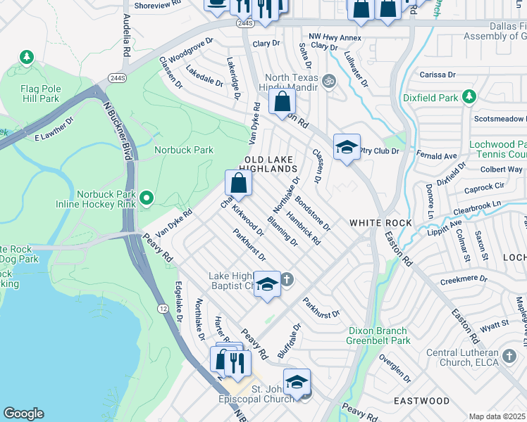 map of restaurants, bars, coffee shops, grocery stores, and more near 450 Blanning Dr in Dallas