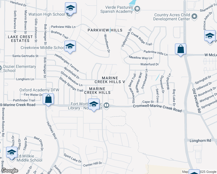 map of restaurants, bars, coffee shops, grocery stores, and more near 5325 Stone Meadow Lane in Fort Worth