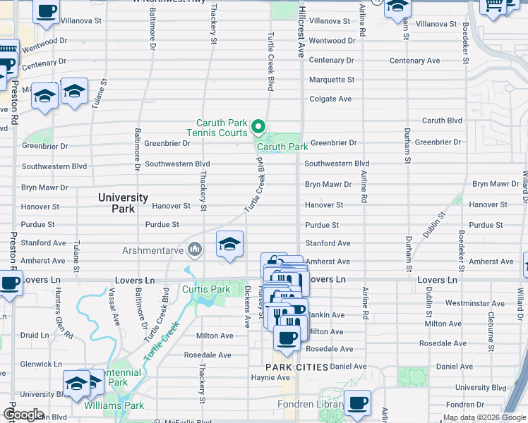 map of restaurants, bars, coffee shops, grocery stores, and more near 3433 Hanover Street in Dallas