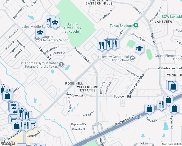 map of restaurants, bars, coffee shops, grocery stores, and more near 1245 Riberry Lane in Garland