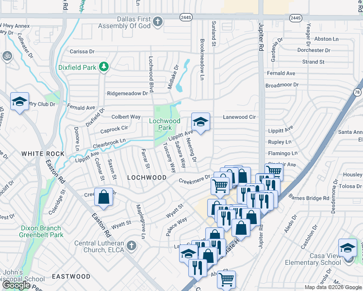 map of restaurants, bars, coffee shops, grocery stores, and more near 11716 Sahara Way in Dallas