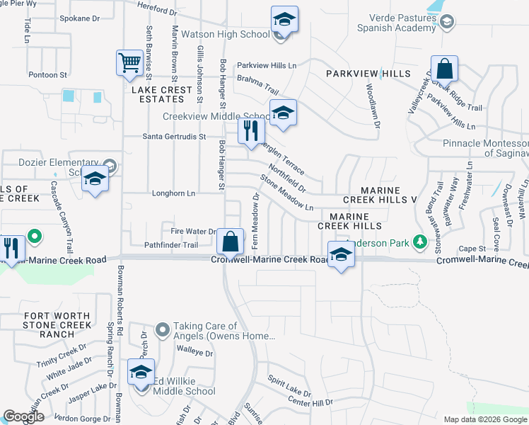 map of restaurants, bars, coffee shops, grocery stores, and more near 6416 Longmont Trail in Fort Worth