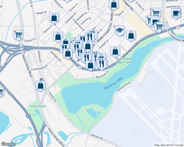 map of restaurants, bars, coffee shops, grocery stores, and more near 3060 West Northwest Highway in Dallas