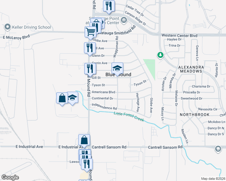 map of restaurants, bars, coffee shops, grocery stores, and more near 1665 Americana Boulevard in Blue Mound
