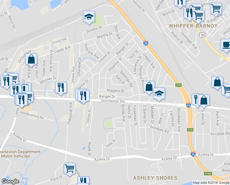 map of restaurants, bars, coffee shops, grocery stores, and more near 4003 Niagara Street in North Charleston