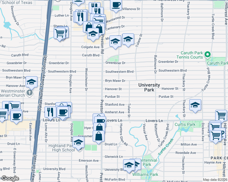 map of restaurants, bars, coffee shops, grocery stores, and more near 4049 Hanover Street in Dallas