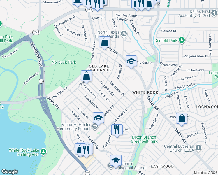 map of restaurants, bars, coffee shops, grocery stores, and more near 518 Hambrick Road in Dallas