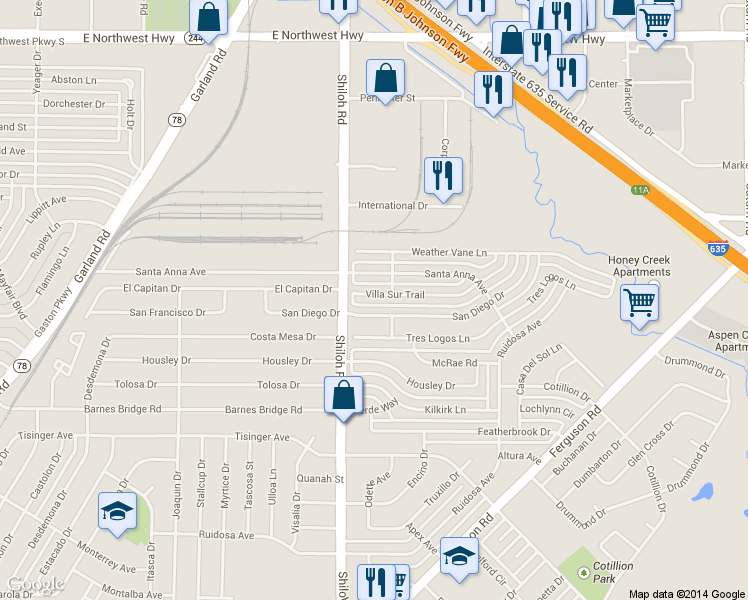 map of restaurants, bars, coffee shops, grocery stores, and more near 2922 Villa Sur Trail in Dallas