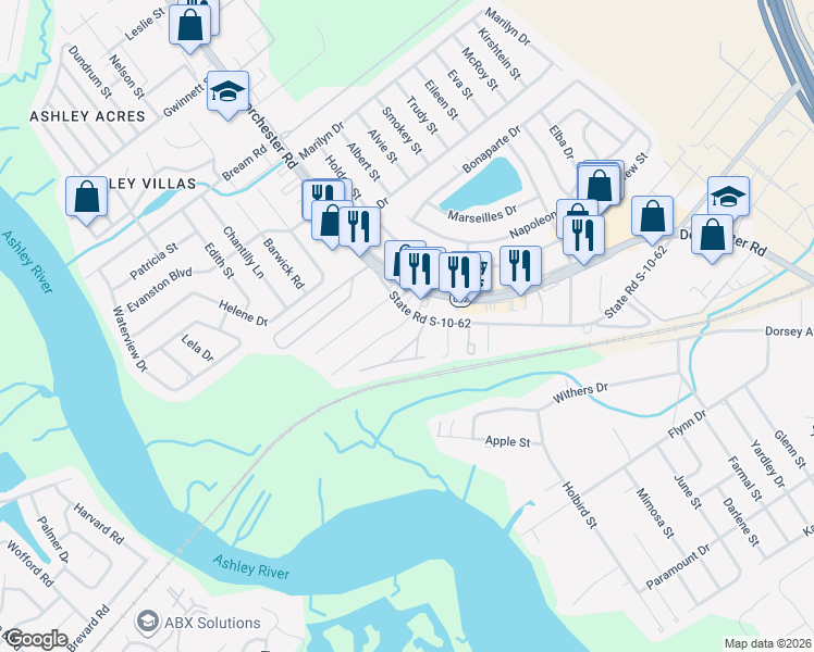 map of restaurants, bars, coffee shops, grocery stores, and more near 4611 Watkins Road in North Charleston