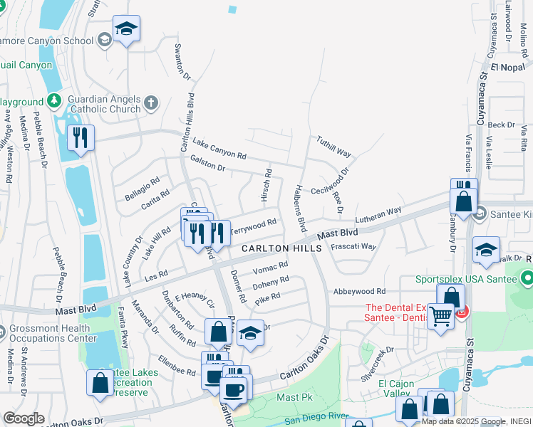 map of restaurants, bars, coffee shops, grocery stores, and more near 9477 Pennywood Road in Santee
