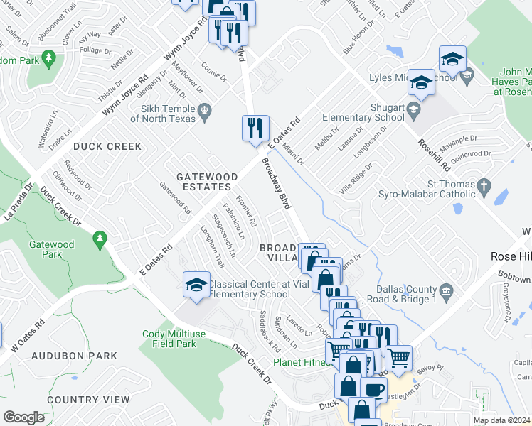 map of restaurants, bars, coffee shops, grocery stores, and more near 401 San Mateo Drive in Garland