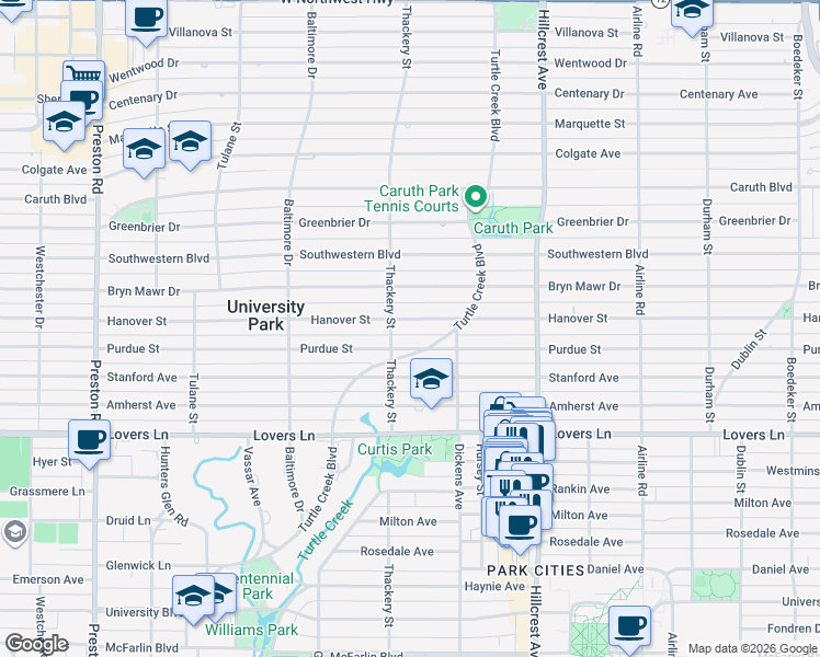 map of restaurants, bars, coffee shops, grocery stores, and more near 3537 Hanover Street in Dallas