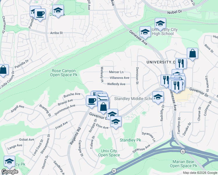 map of restaurants, bars, coffee shops, grocery stores, and more near 3269 Wellesly Avenue in San Diego