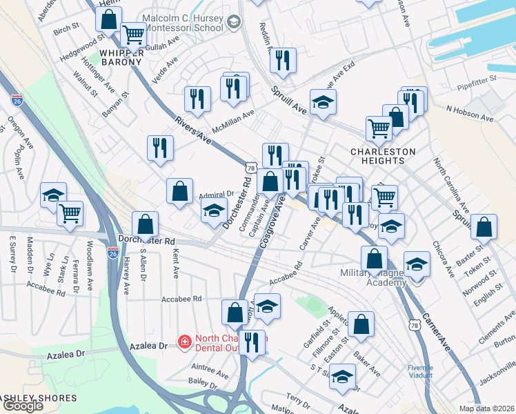 map of restaurants, bars, coffee shops, grocery stores, and more near 2117 Commander Road in North Charleston