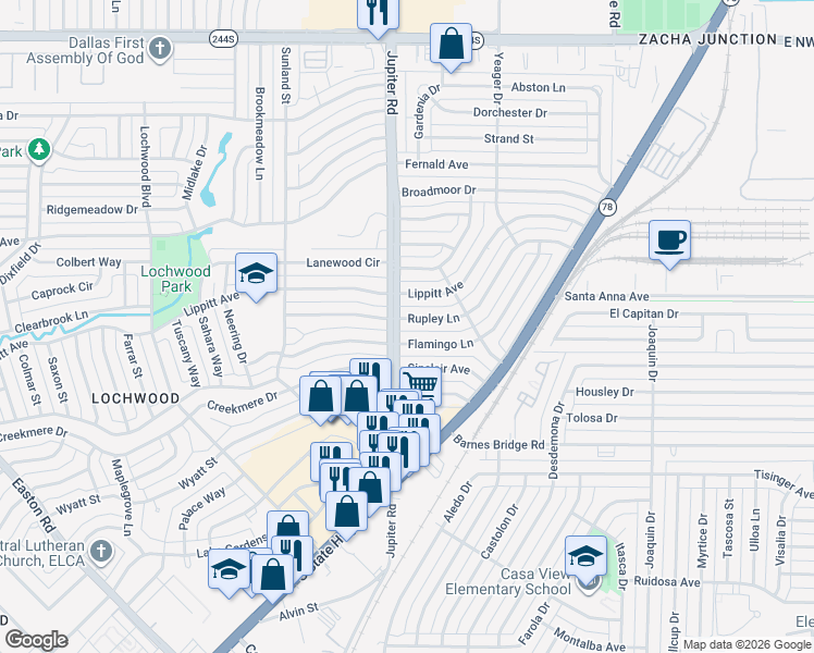 map of restaurants, bars, coffee shops, grocery stores, and more near 11412 Rupley Lane in Dallas