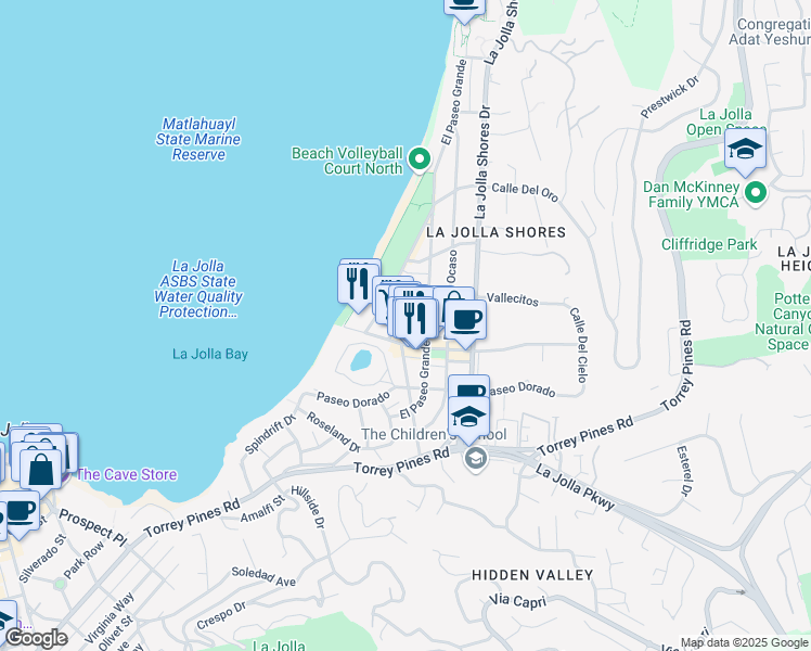 map of restaurants, bars, coffee shops, grocery stores, and more near 8121 Camino del Sol in San Diego