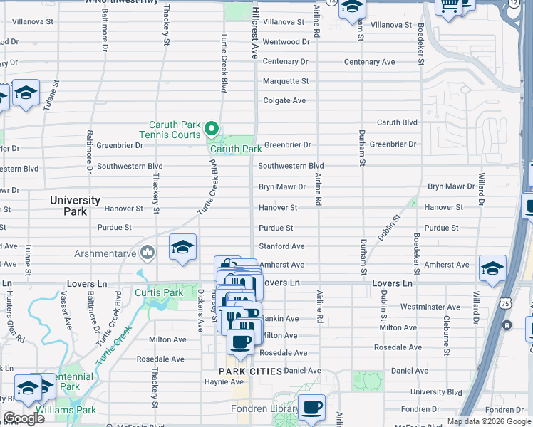 map of restaurants, bars, coffee shops, grocery stores, and more near 3325 Hanover Street in Dallas