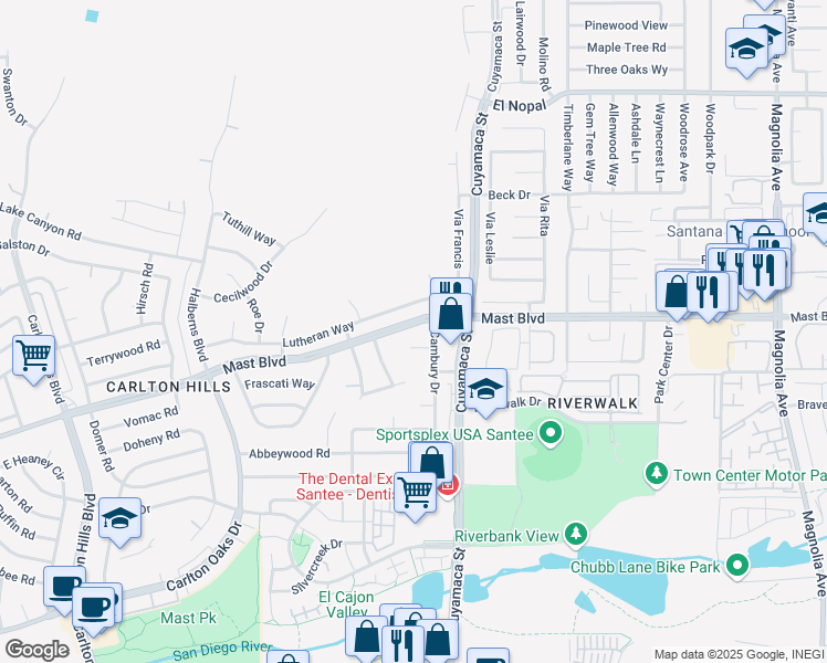 map of restaurants, bars, coffee shops, grocery stores, and more near 9781 Mast Boulevard in Santee