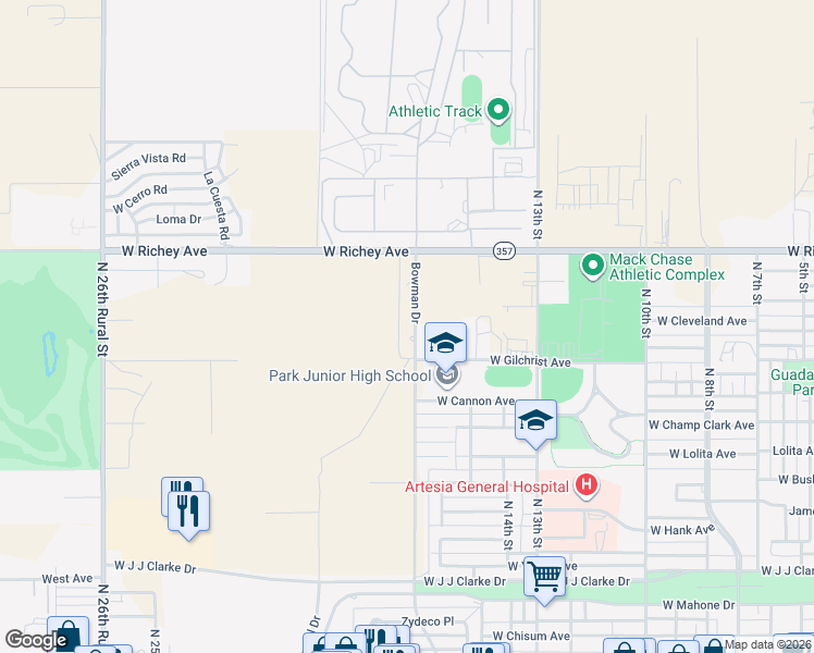 map of restaurants, bars, coffee shops, grocery stores, and more near 1303 Bowman Drive in Artesia