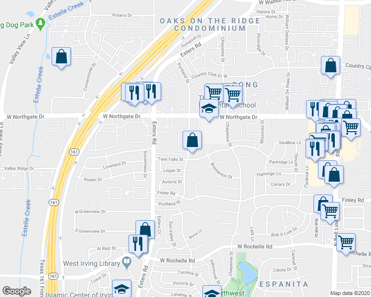 map of restaurants, bars, coffee shops, grocery stores, and more near 3501 Portland Street in Irving
