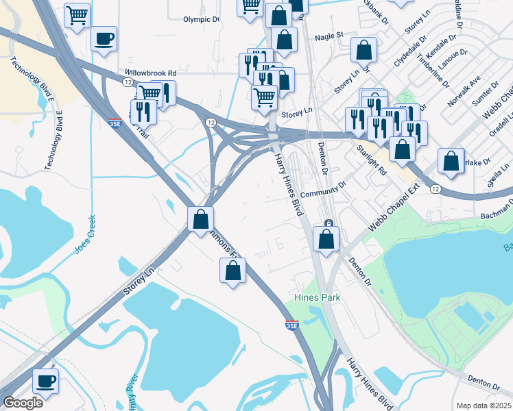 map of restaurants, bars, coffee shops, grocery stores, and more near 9801 Harry Hines Boulevard in Dallas