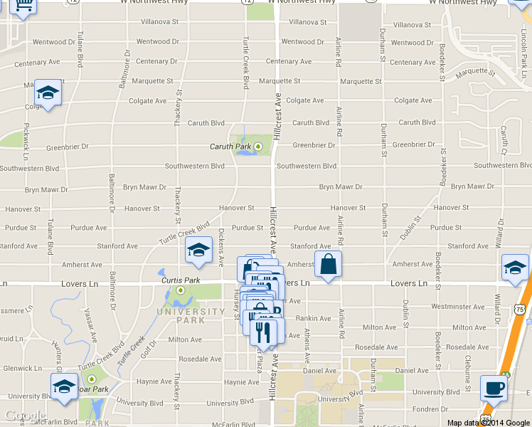 map of restaurants, bars, coffee shops, grocery stores, and more near 3405 Hanover St in Dallas