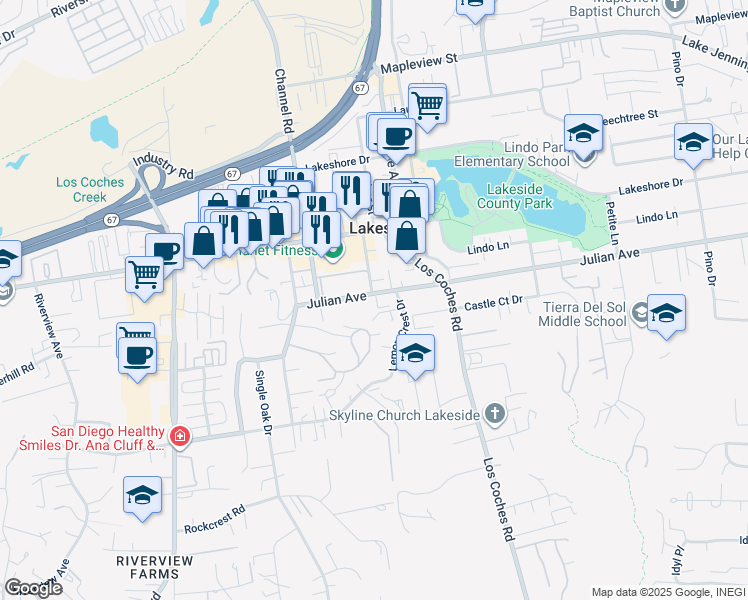 map of restaurants, bars, coffee shops, grocery stores, and more near 12429 Julian Avenue in Lakeside