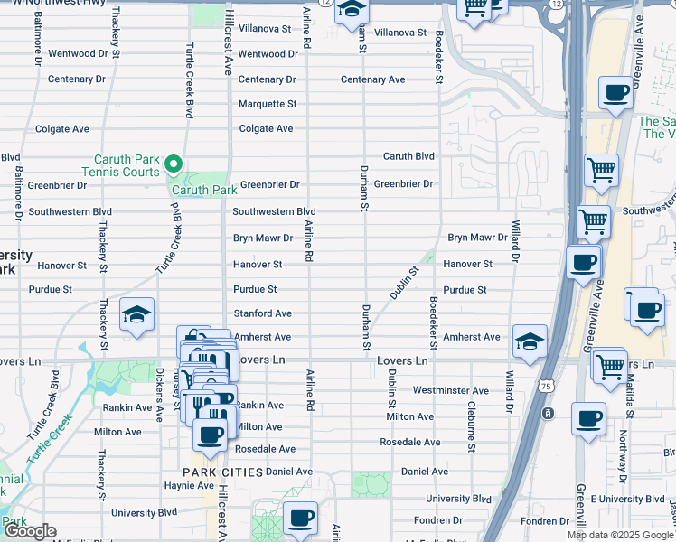 map of restaurants, bars, coffee shops, grocery stores, and more near 3121 Hanover St in Dallas