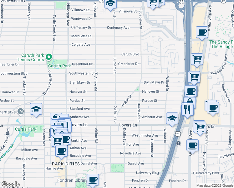 map of restaurants, bars, coffee shops, grocery stores, and more near 3025 Hanover St in Dallas