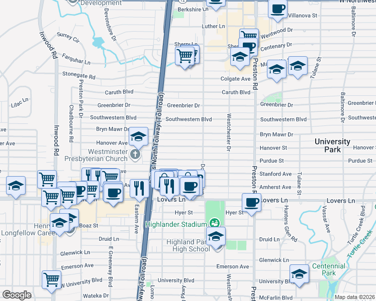 map of restaurants, bars, coffee shops, grocery stores, and more near 4321 Hanover Street in Dallas
