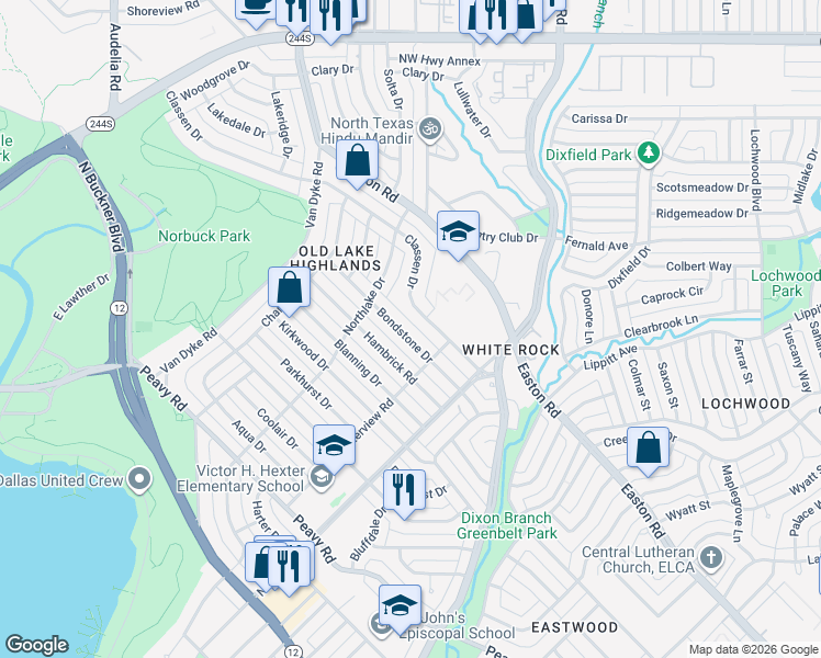 map of restaurants, bars, coffee shops, grocery stores, and more near 546 Bondstone Drive in Dallas