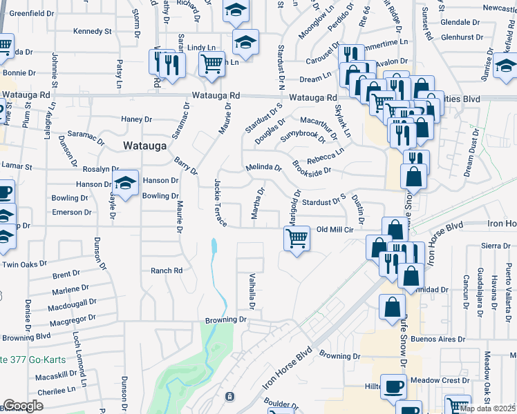 map of restaurants, bars, coffee shops, grocery stores, and more near 6017 Martha Drive in Watauga