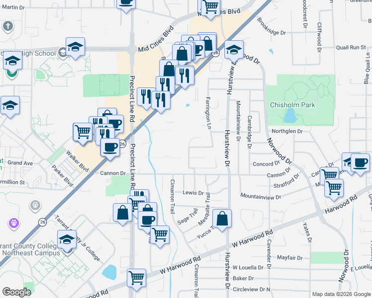 map of restaurants, bars, coffee shops, grocery stores, and more near 2121 Lookout Trail in Hurst