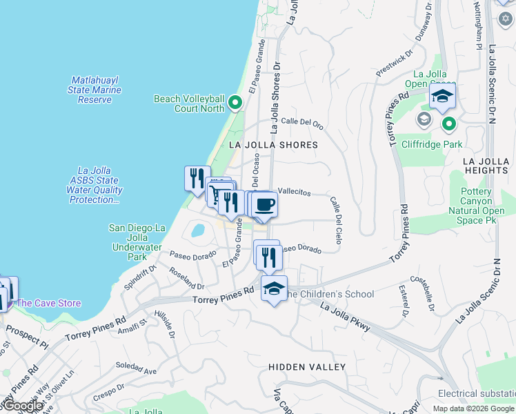 map of restaurants, bars, coffee shops, grocery stores, and more near 8124 Paseo Del Ocaso in San Diego