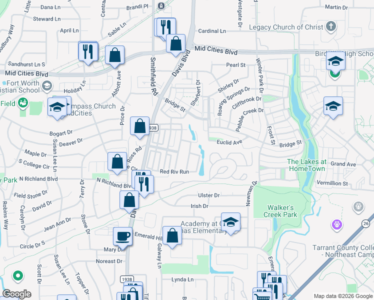 map of restaurants, bars, coffee shops, grocery stores, and more near 5925 Barton Springs Drive in North Richland Hills