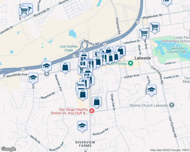 map of restaurants, bars, coffee shops, grocery stores, and more near 9719 Winter Gardens Boulevard in Lakeside