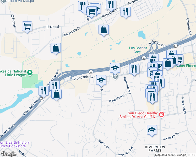 map of restaurants, bars, coffee shops, grocery stores, and more near 11665 Woodside Avenue in Lakeside